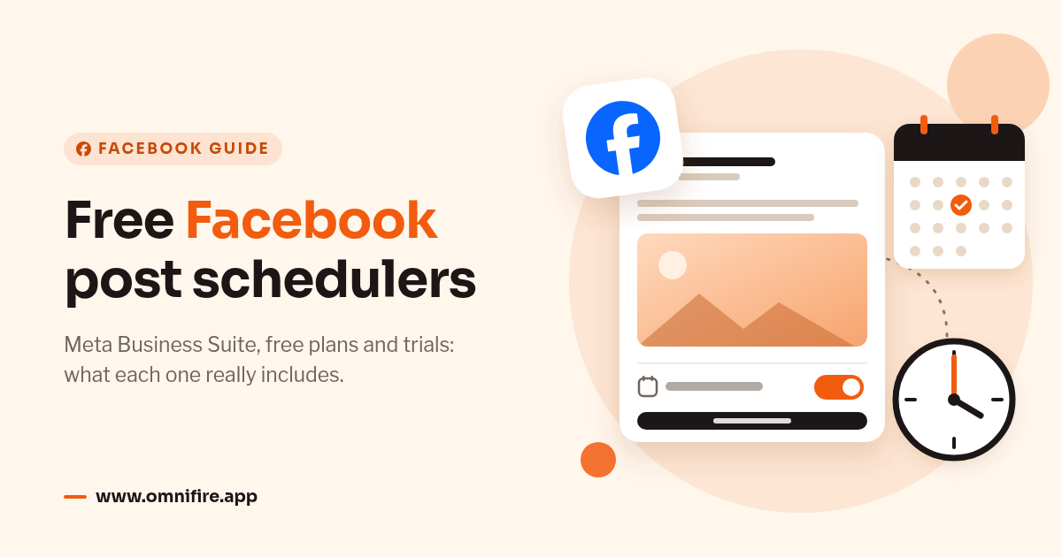 Illustration of a Facebook Page post with a schedule toggle, next to a calendar and a clock